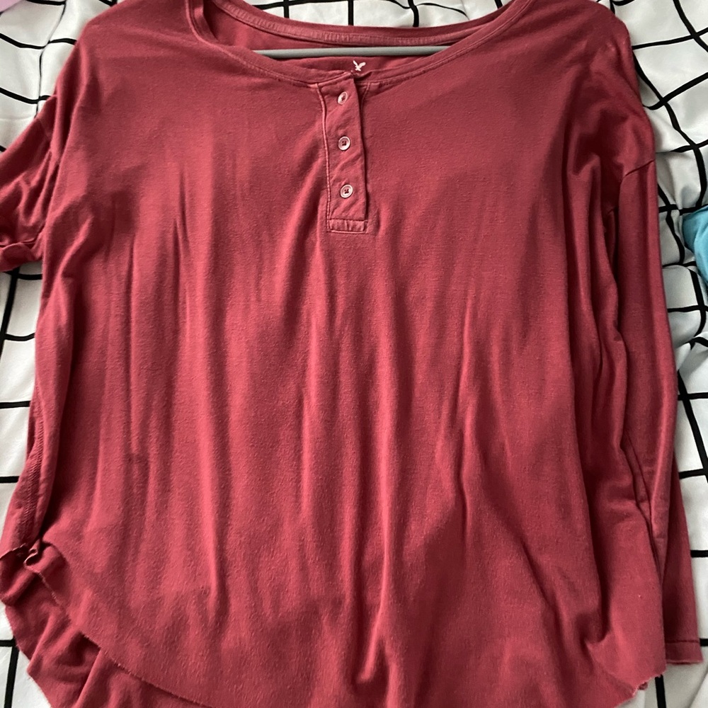 red quarter sleeve tee with buttons